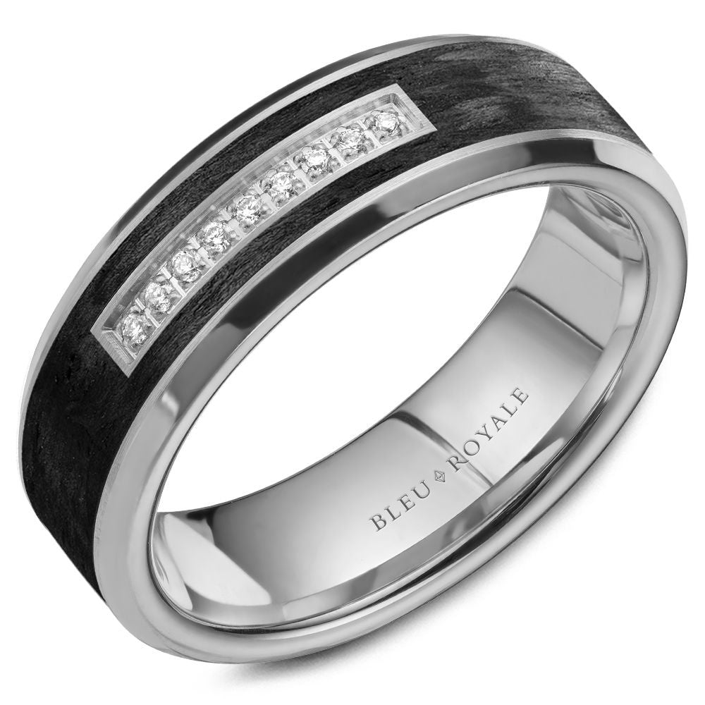 Bleu Royale Men's Wedding Band - 14K White Gold & Forged Carbon Fiber with Channel-Set Round Diamonds - 0.05 Carat Total Diamond Weight - 7mm Width from the Diamond Collection