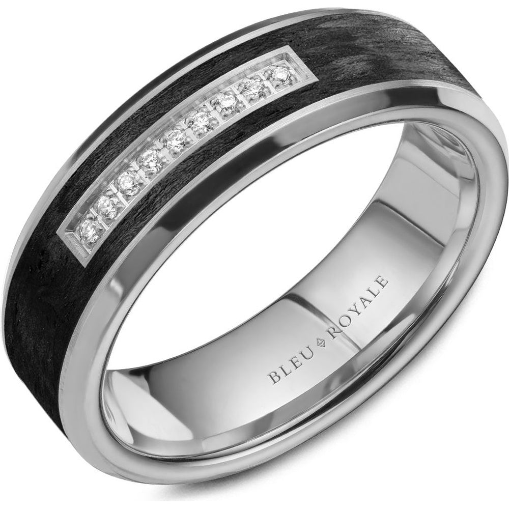 Bleu Royale Men's Wedding Band - 14K White Gold & Forged Carbon Fiber with Channel-Set Round Diamonds - 0.05 Carat Total Diamond Weight - 7mm Width from the Diamond Collection
