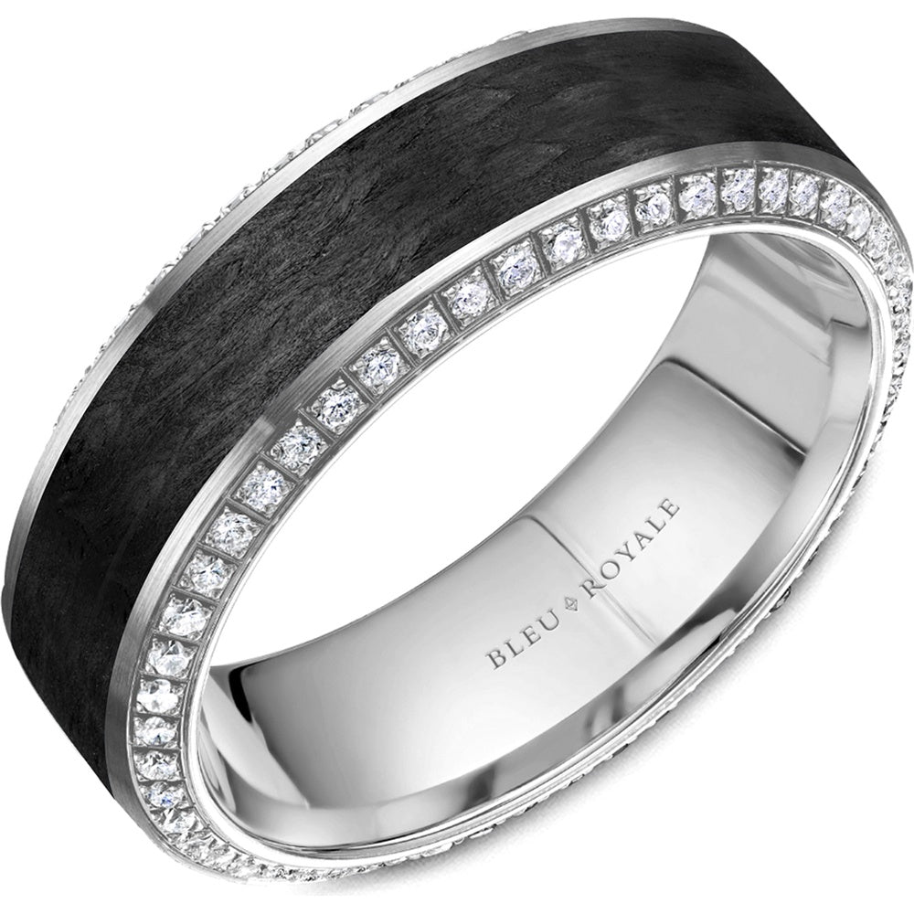 Bleu Royale Men's Wedding Band - 14K White Gold & Forged Carbon Fiber with Round Diamond Edges- 0.66 Carat Total Diamond Weight - 7.5mm Width from the Diamond Collection