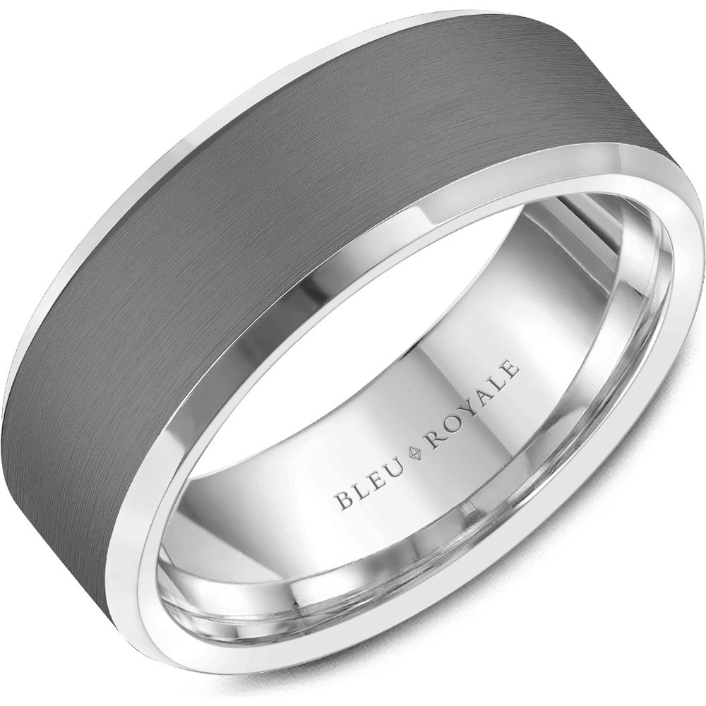 Bleu Royale Men's Wedding Band - 14K White Gold and Tantalum with Sandpaper Center and High Polish Edges - 8mm Width from the Tantalum & Precious Metal Collection
