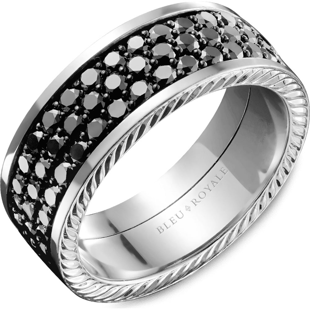 Bleu Royale Men's Wedding Band - 14K White Gold B and with Black Rhodium and Pavé Round Black Diamonds - 4.26 Carat Total Diamond Weight - 9mm Width from the Diamond Collection