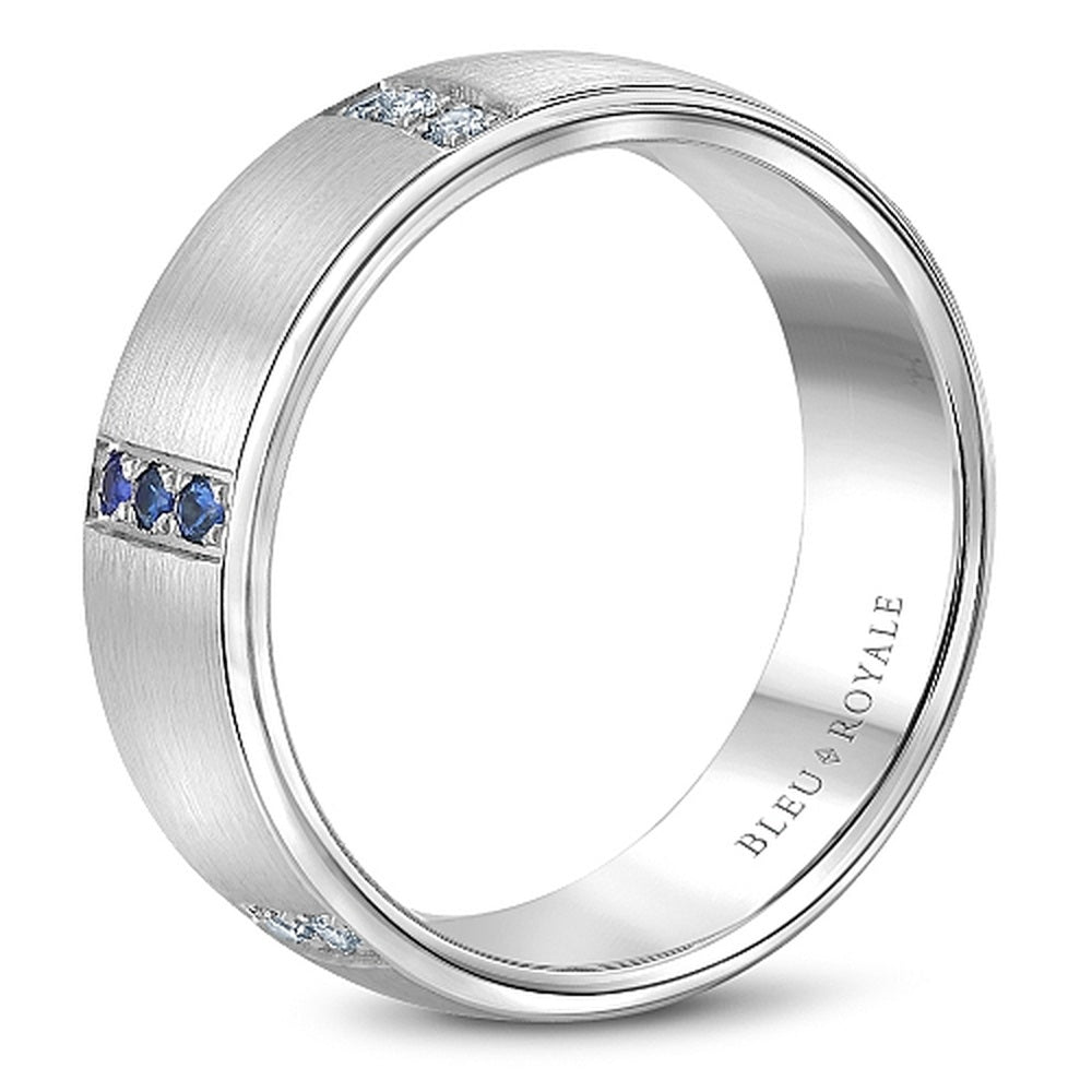 Bleu Royale Men's Wedding Band - 14K White Gold Brushed with Round Blue Sapphires and Diamonds - 0.42 Carat Total Gem Weight - 7.5mm Width from the Diamond Collection