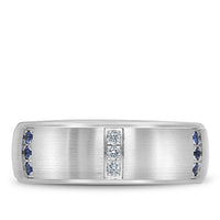 Bleu Royale Men's Wedding Band - 14K White Gold Brushed with Round Blue Sapphires and Diamonds - 0.42 Carat Total Gem Weight - 7.5mm Width from the Diamond Collection