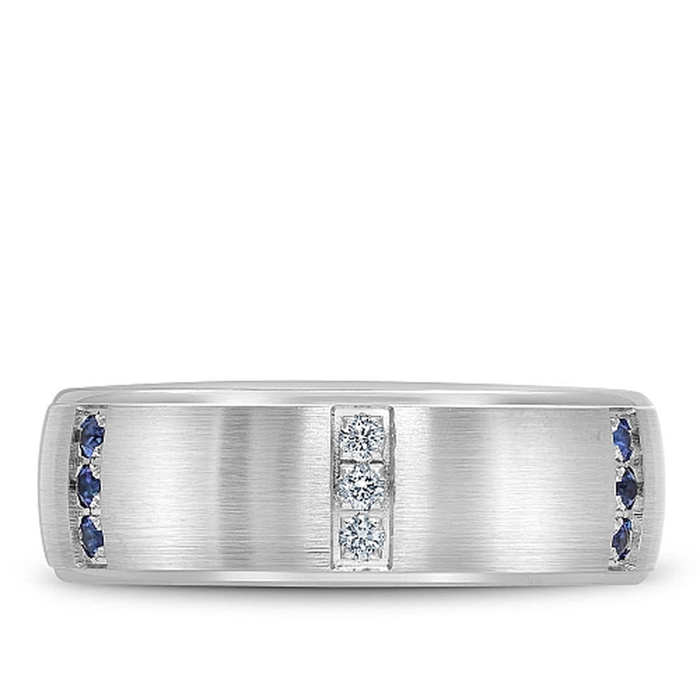 Bleu Royale Men's Wedding Band - 14K White Gold Brushed with Round Blue Sapphires and Diamonds - 0.42 Carat Total Gem Weight - 7.5mm Width from the Diamond Collection