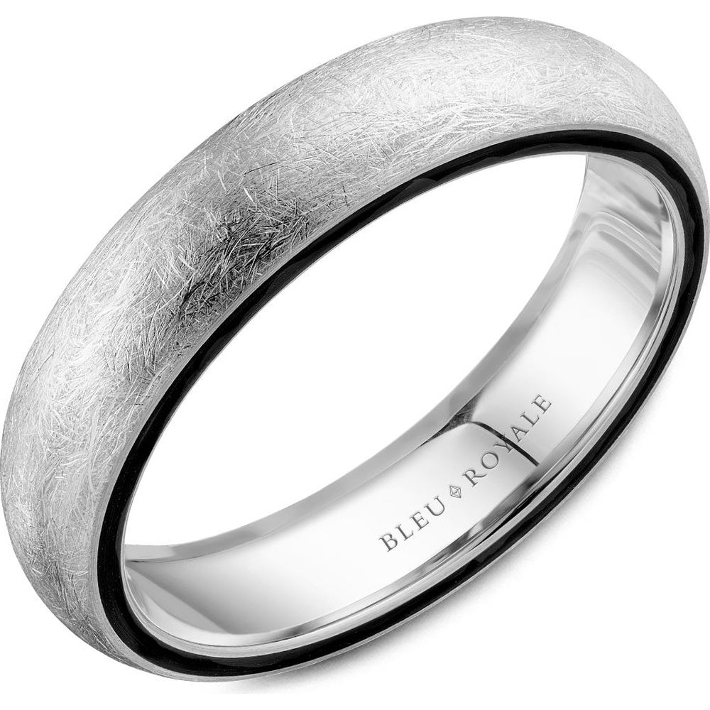 Bleu Royale Men's Wedding Band - 14K White Gold Diamond Brush with Black Groove - 5mm Width from the Distinct Collection