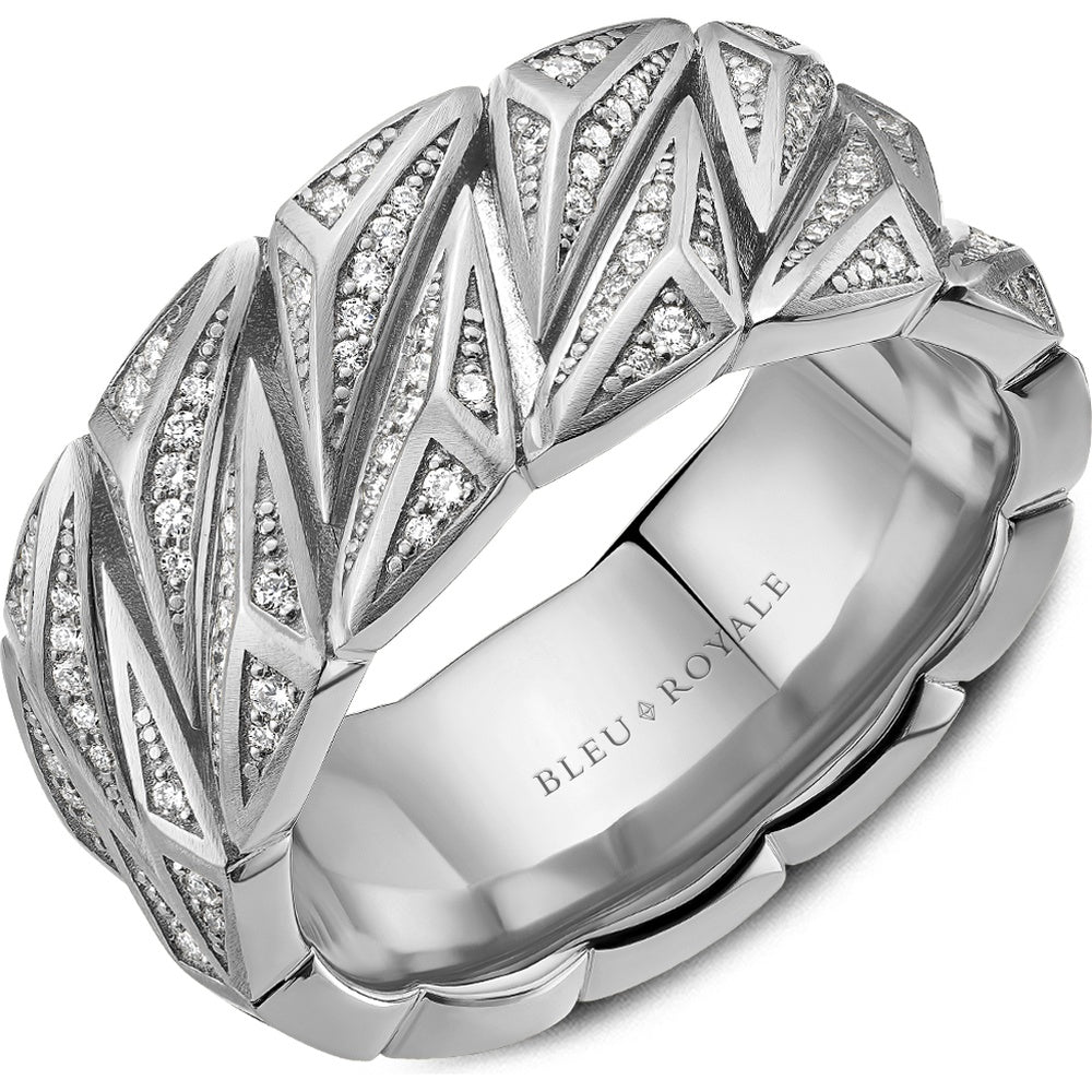 Bleu Royale Men's Wedding Band - 14K White Gold Geometric for Men with 0.74 Carat Round Diamonds and Sandpaper Finish - 10mm Width from the Geometric Collection