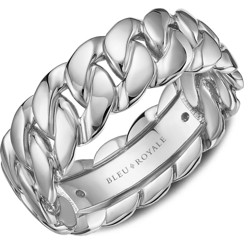 Bleu Royale Men's Wedding Band - 14K White Gold Geometric Link with High Polish Finish - 8mm Width from the Geometric Collection
