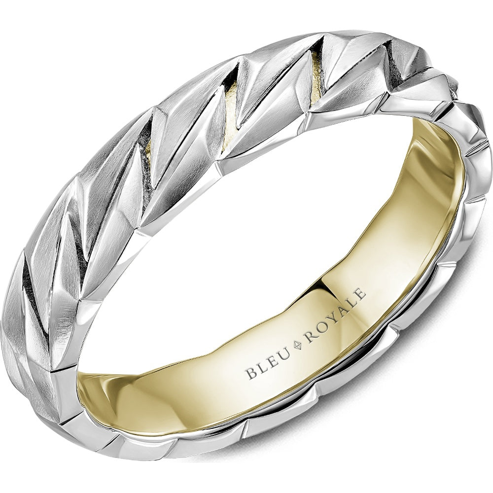 Bleu Royale Men's Wedding Band - 14K White Gold Geometric with Sandpaper Finish and High Polish Interior - 5mm Width from the Geometric Collection