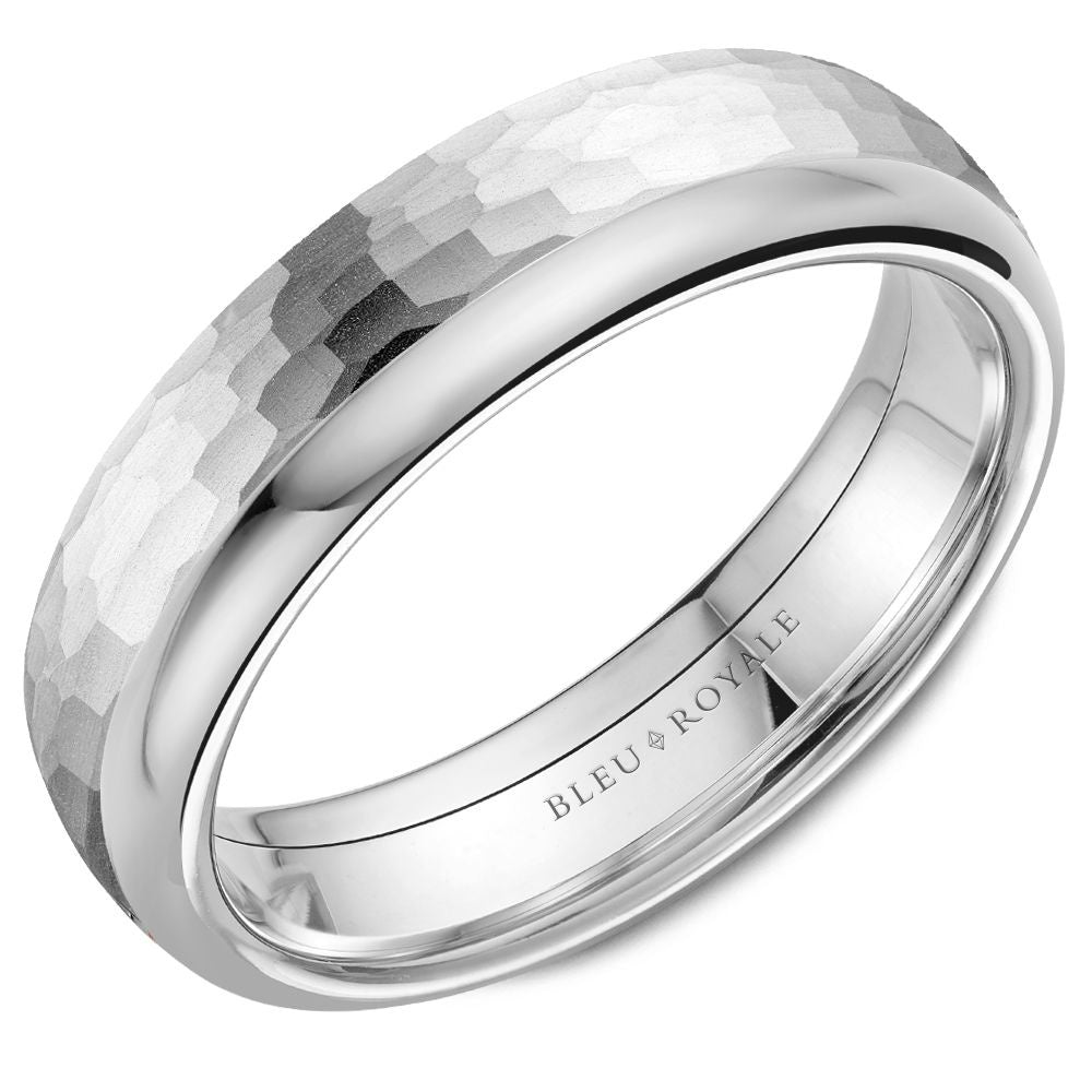 Bleu Royale Men's Wedding Band - 14K White Gold Hammered with High Polish Edge - 6mm Width from the Legacy Collection