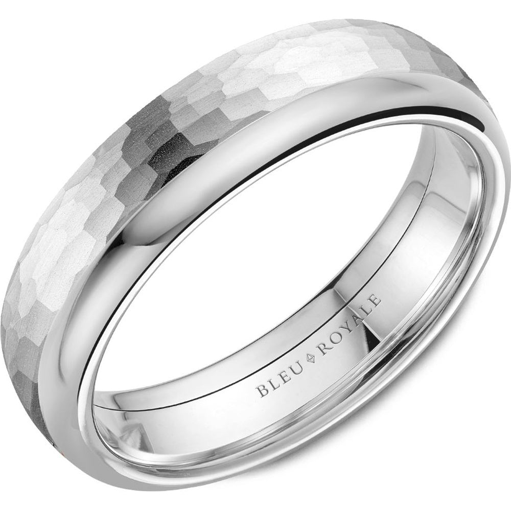 Bleu Royale Men's Wedding Band - 14K White Gold Hammered with High Polish Edge - 6mm Width from the Legacy Collection