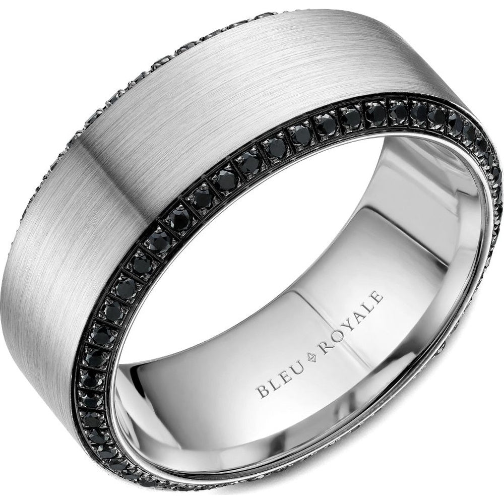 Bleu Royale Men's Wedding Band - 14K White Gold Sandpaper Finish with Black Round Diamonds - 0.71 Carat Total Diamond Weight - 9mm Width from the Diamond Collection