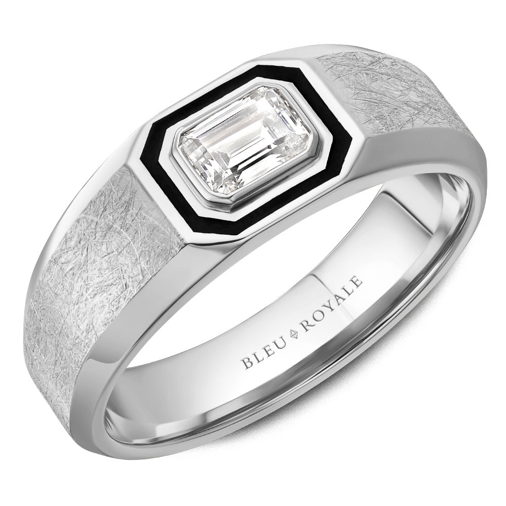 Bleu Royale Men's Wedding Band - 14K White Gold Tapered with 0.5 Carat Emerald Cut Diamond and Black Enamel Accent - 8mm Width from the Diamond Collection