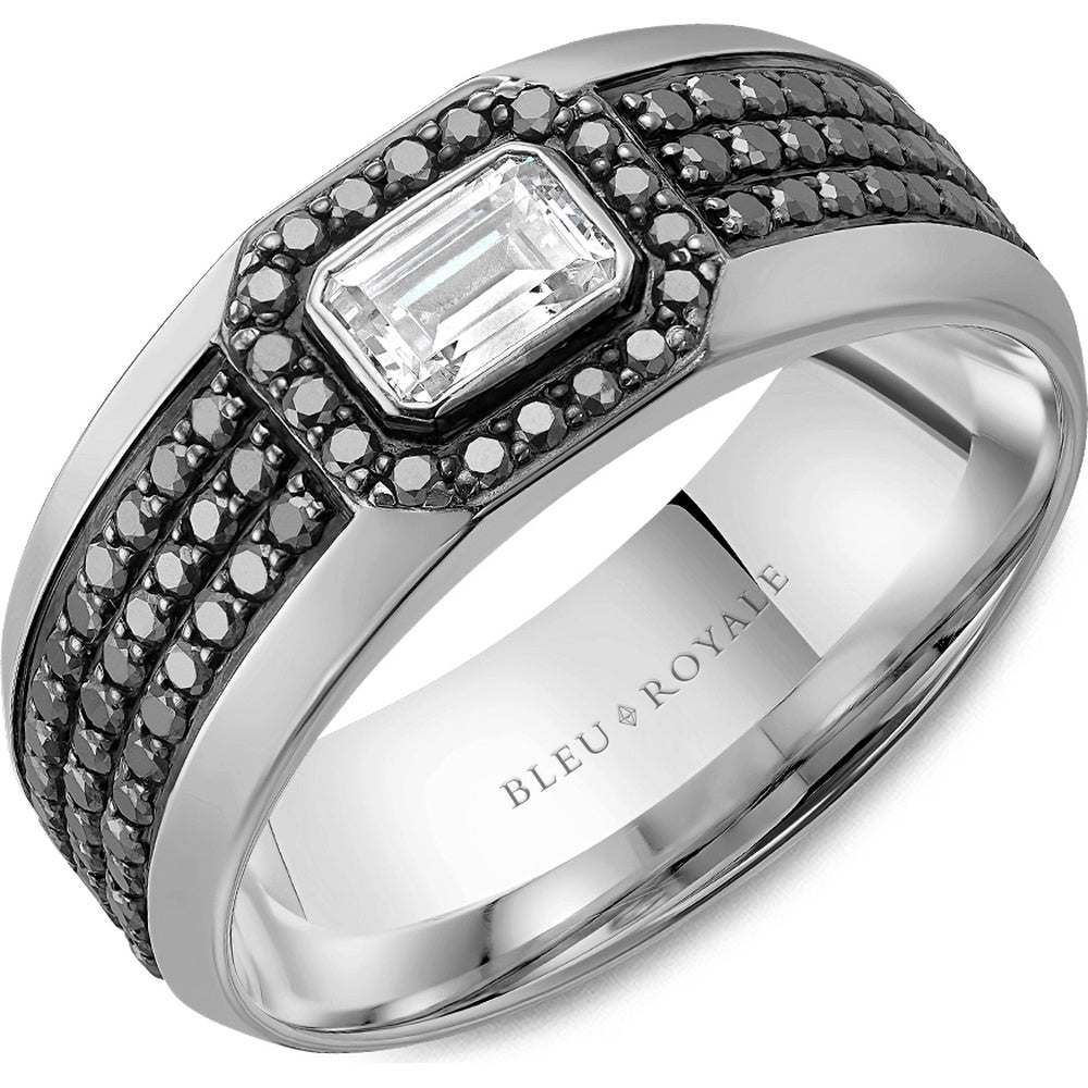 Bleu Royale Men's Wedding Band - 14K White Gold Tapered with Emerald Cut Center Diamond and Black Diamond Pavé Halo- 1.41 Carat Total Diamond Weight - 8mm Width from the Diamond Collection