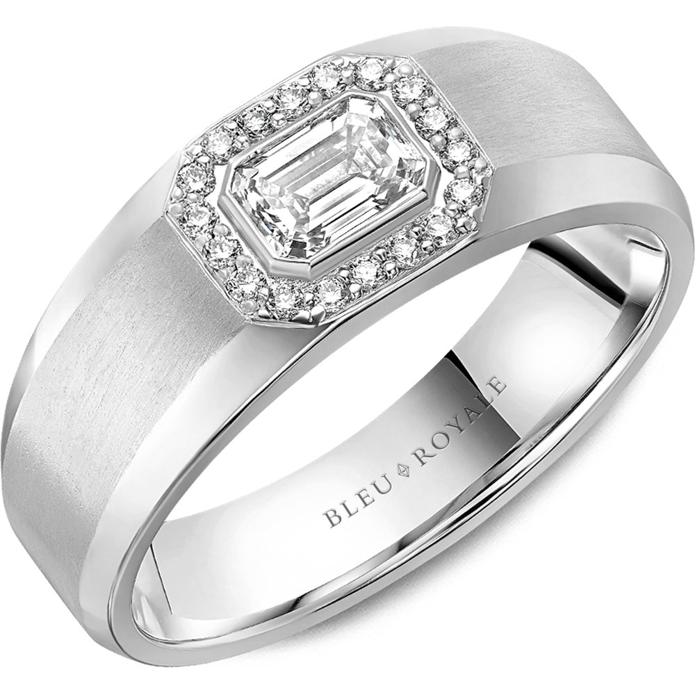 Bleu Royale Men's Wedding Band - 14K White Gold Tapered with Emerald Cut Diamond Center and Round Diamond Halo- 0.63 Carat Total Diamond Weight - 8mm Width from the Diamond Collection