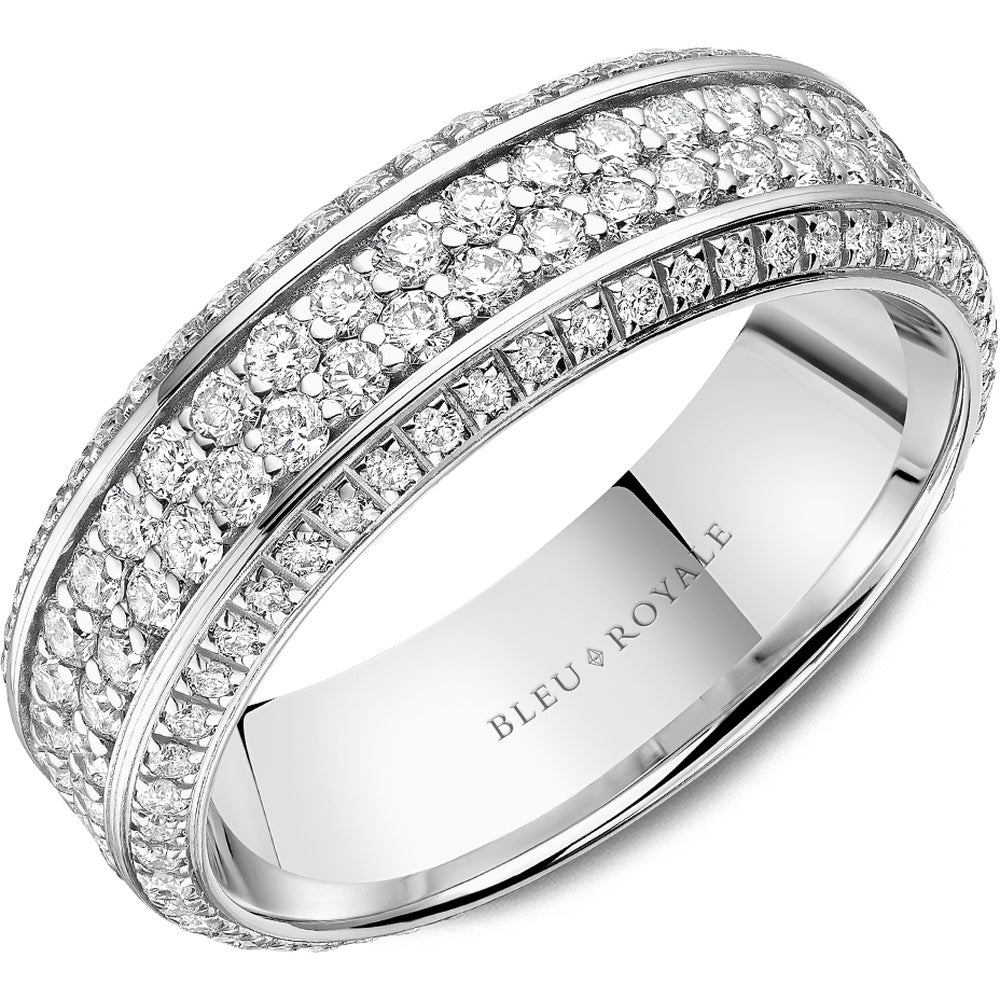 Bleu Royale Men's Wedding Band - 14K White Gold Triple Row Diamond with Round Pavé Set Diamonds - 2.41 Carat Total Diamond Weight - 7.5mm Width from the Diamond Collection