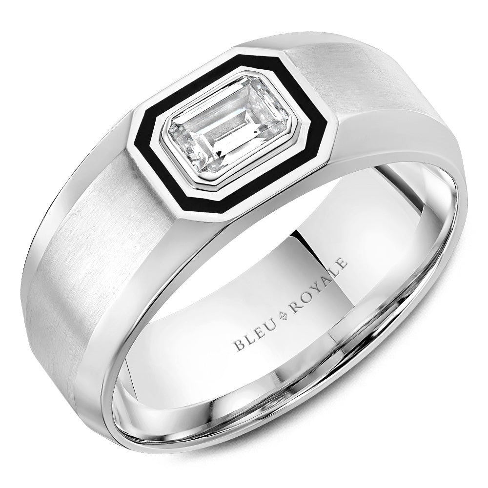 Bleu Royale Men's Wedding Band - 14K White Gold with 0.5 Carat Emerald Cut Diamond and Black Enamel Accent - 8mm Width from the Diamond Collection