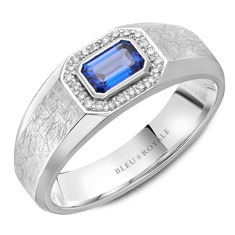 Bleu Royale Men's Wedding Band - 14K White Gold with 0.75 Carat Emerald Cut Blue Sapphire and 0.13 Carat Round Diamond Halo- Brushed Center - 8mm Width from the Diamond Collection