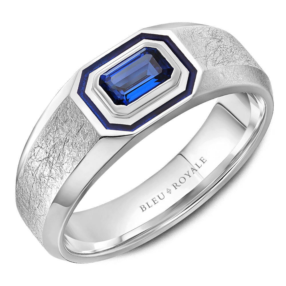 Bleu Royale Men's Wedding Band - 14K White Gold with 0.75 Carat Emerald Cut Blue Sapphire and Blue Enamel Halo - 8mm Width from the Diamond Collection