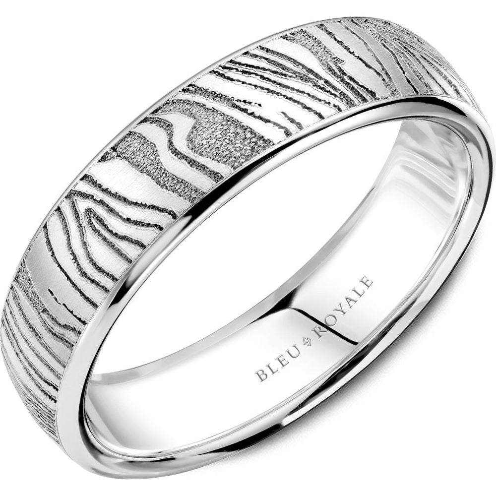 Bleu Royale Men's Wedding Band - 14K White Gold with Bark Texture, Frosted Finish and High Polish Edges - 6mm Width from the Distinct Collection