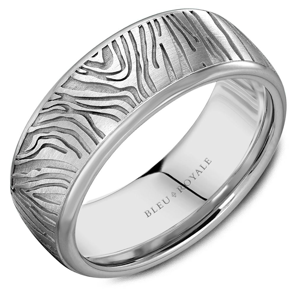 Bleu Royale Men's Wedding Band - 14K White Gold with Bark Texture, Frosted Finish, and High Polish Edges - 8mm Width from the Distinct Collection