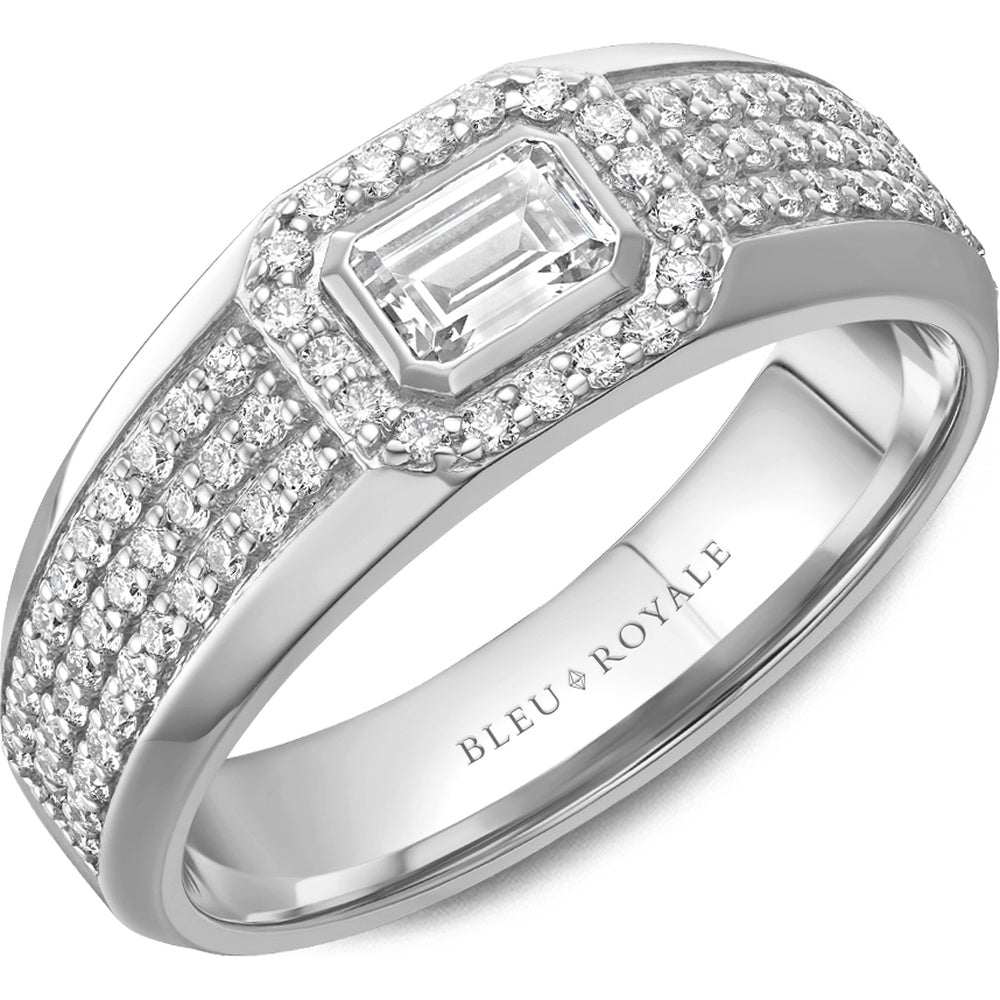 Bleu Royale Men's Wedding Band - 14K White Gold with Bezel-Set Emerald Cut Center Diamond and Pavé Halo- 0.5 Carat Center and 0.77 Carat Total Diamond Weight - 8mm Width from the Diamond Collection