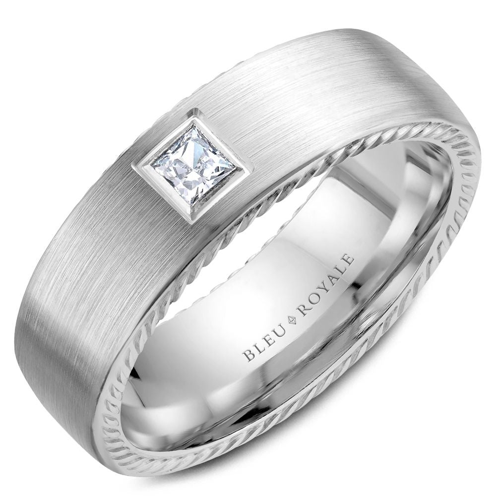 Bleu Royale Men's Wedding Band - 14K White Gold with Bezel Set Princess Cut Diamond - 0.15 Carat Total Diamond Weight - 6.5mm Width from the Diamond Collection