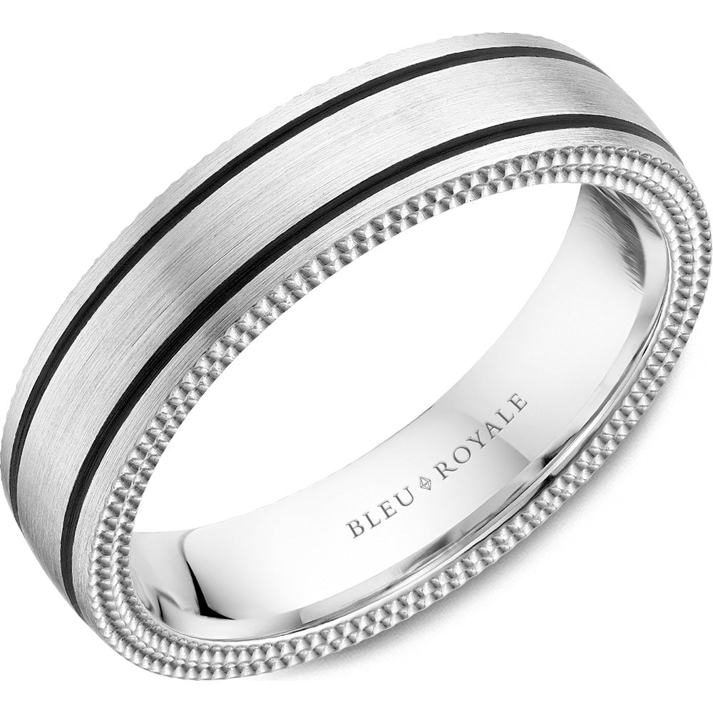 Bleu Royale Men's Wedding Band - 14K White Gold with Black Ceramic Inlays and Sandpaper Center - 5.5mm Width from the Distinct Collection
