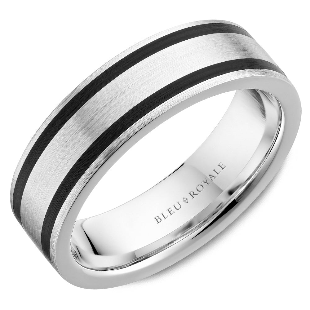 Bleu Royale Men's Wedding Band - 14K White Gold with Black Ceramic Inlays and Sandpaper Center - 6.5mm Width from the Distinct Collection