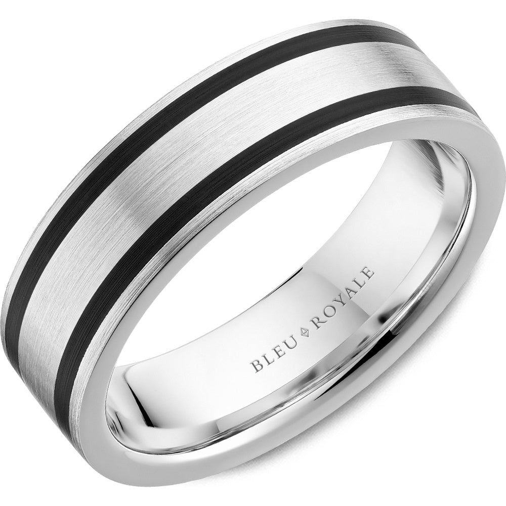 Bleu Royale Men's Wedding Band - 14K White Gold with Black Ceramic Inlays and Sandpaper Finish - 6.5mm Width from the Distinct Collection