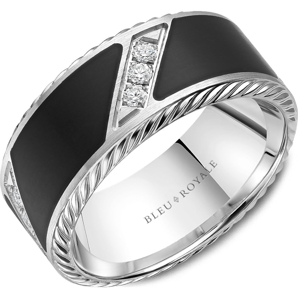 Bleu Royale Men's Wedding Band - 14K White Gold with Black Enamel and 0.34 Carat Round Diamond Center - 9.5mm Width from the Diamond Collection