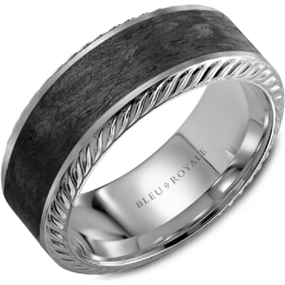 Bleu Royale Men's Wedding Band - 14K White Gold with Black Forged Carbon Fiber Inlay and Rope Edge- Size 10 - 7.5mm Width from the Distinct Collection