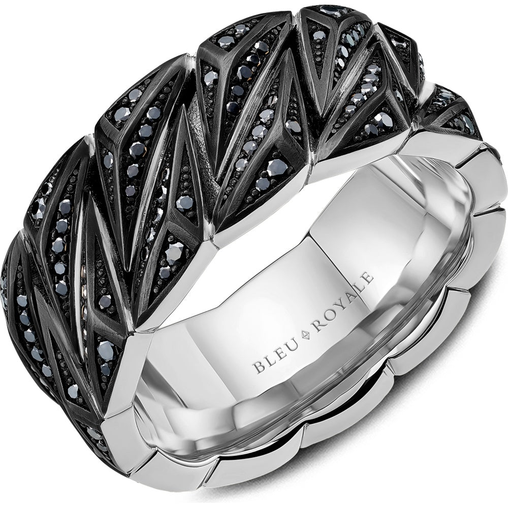 Bleu Royale Men's Wedding Band - 14K White Gold with Black Rhodium and Round Black Diamonds - 0.9 Carat Total Diamond Weight - 10mm Width from the Geometric Collection