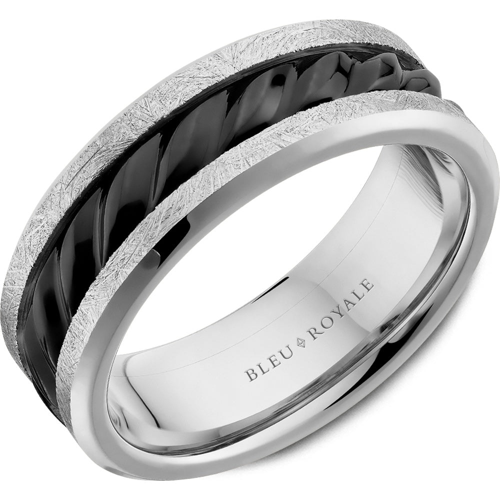 Bleu Royale Men's Wedding Band - 14K White Gold with Black Rhodium Center and Diamond-Brushed Edges - 7.5mm Width from the Distinct Collection