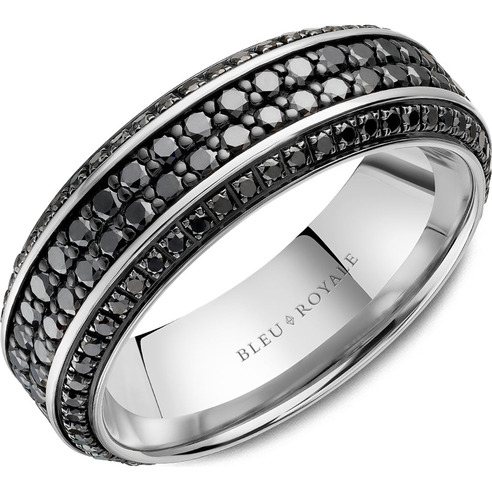 Bleu Royale Men's Wedding Band - 14K White Gold with Black Round Diamond Pavé and Polished Edges- 2.54 Carat Total Diamond Weight - 7.5mm Width from the Diamond Collection