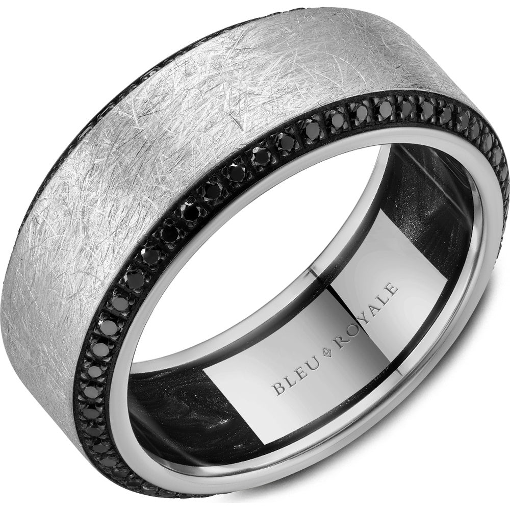 Bleu Royale Men's Wedding Band - 14K White Gold with Black Round Diamonds and Black Rhodium Edge- 0.7 Carat Total Diamond Weight - 9mm Width from the Diamond Collection