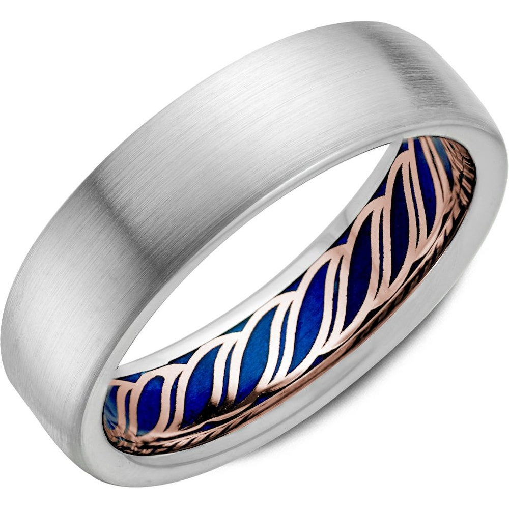 Bleu Royale Men's Wedding Band - 14K White Gold with Blue Enamel and Rose Gold Openwork Interior - 6.5mm Width from the Distinct Collection