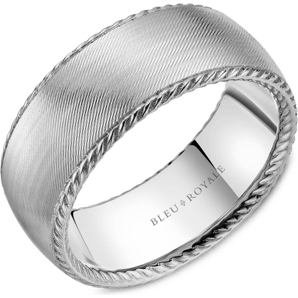 Bleu Royale Men's Wedding Band - 14K White Gold with Brushed Center and Rope Edge- Available in Multiple Metals - 9mm Width from the Legacy Collection