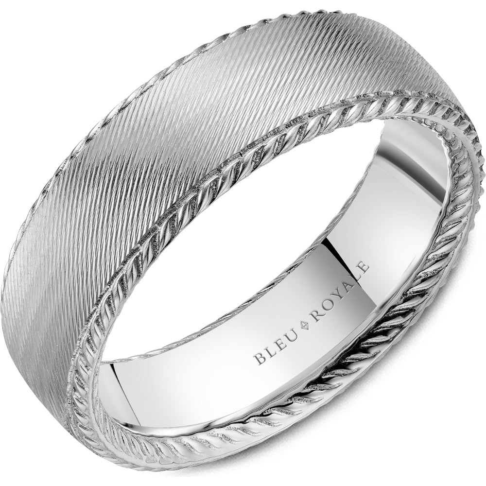 Bleu Royale Men's Wedding Band - 14K White Gold with Brushed Center and Rope Twist Edges - 7mm Width from the Legacy Collection