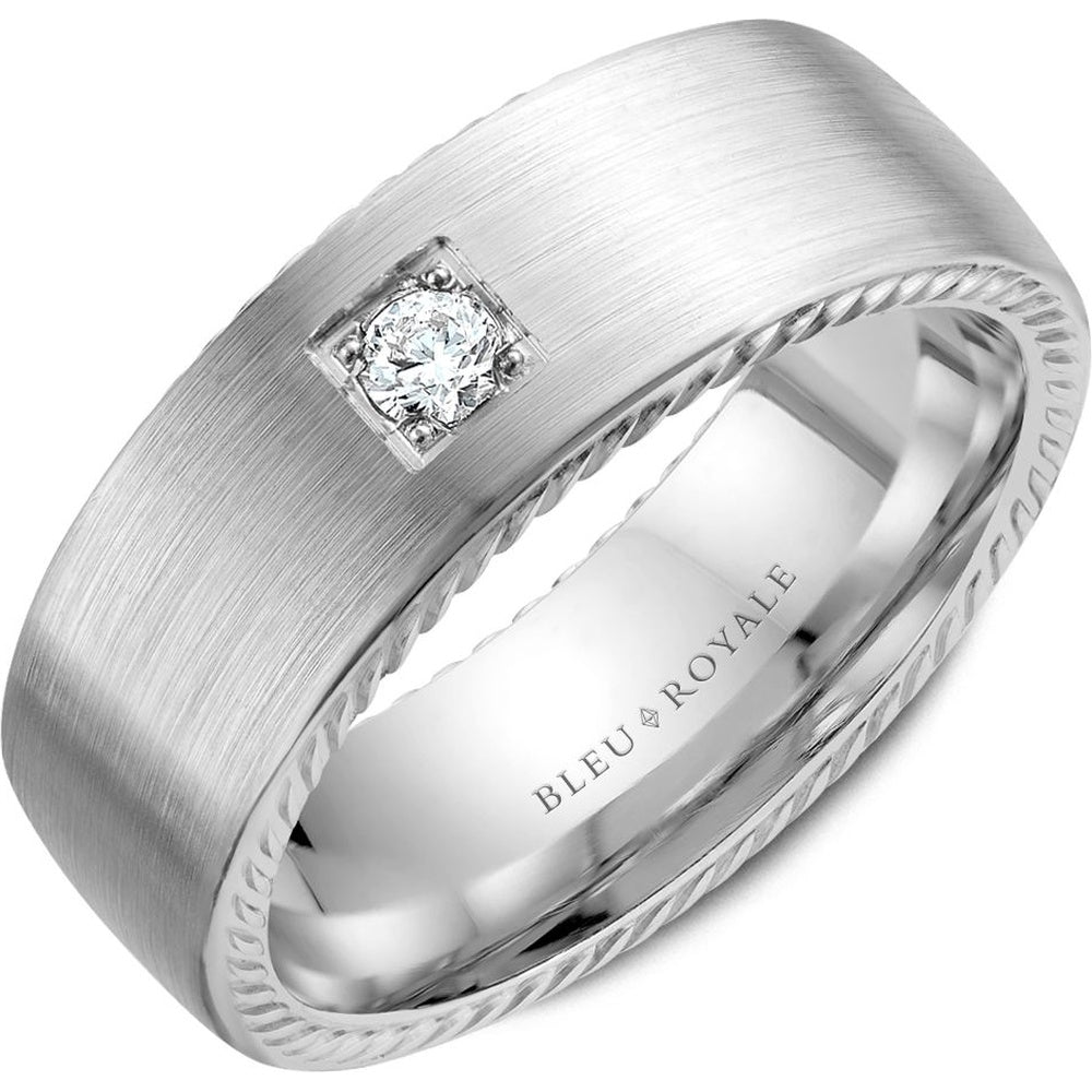 Bleu Royale Men's Wedding Band - 14K White Gold with Brushed Finish, Twisted Rope Edge, and Square-Set Round Diamond - 0.1 Carat Total Diamond Weight - 8mm Width from the Diamond Collection