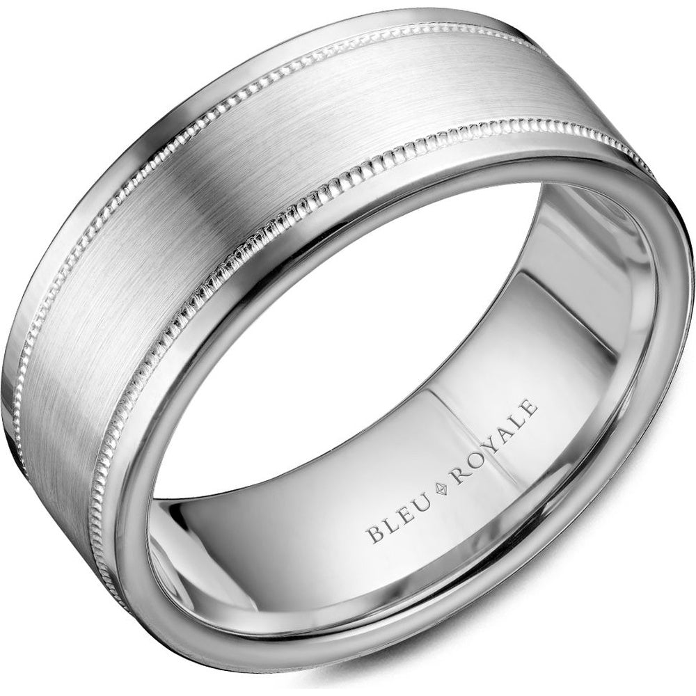 Bleu Royale Men's Wedding Band - 14K White Gold with Brushed Sandpaper Center and Milgrain Edges - 8.5mm Width from the Legacy Collection