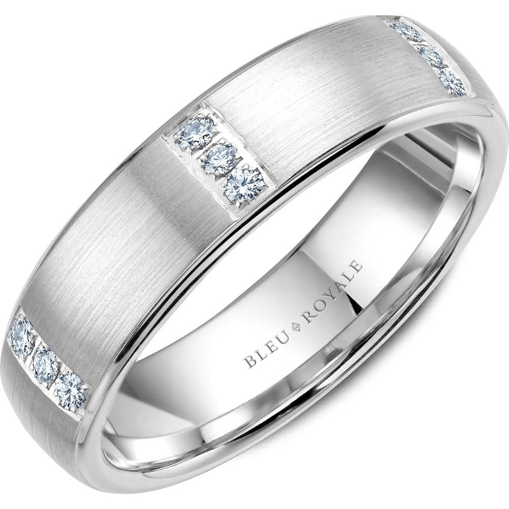 Bleu Royale Men's Wedding Band - 14K White Gold with Brushed Sandpaper Finish and Channel-Set Round Diamonds - 0.16 Carat Total Diamond Weight - 6mm Width from the Diamond Collection