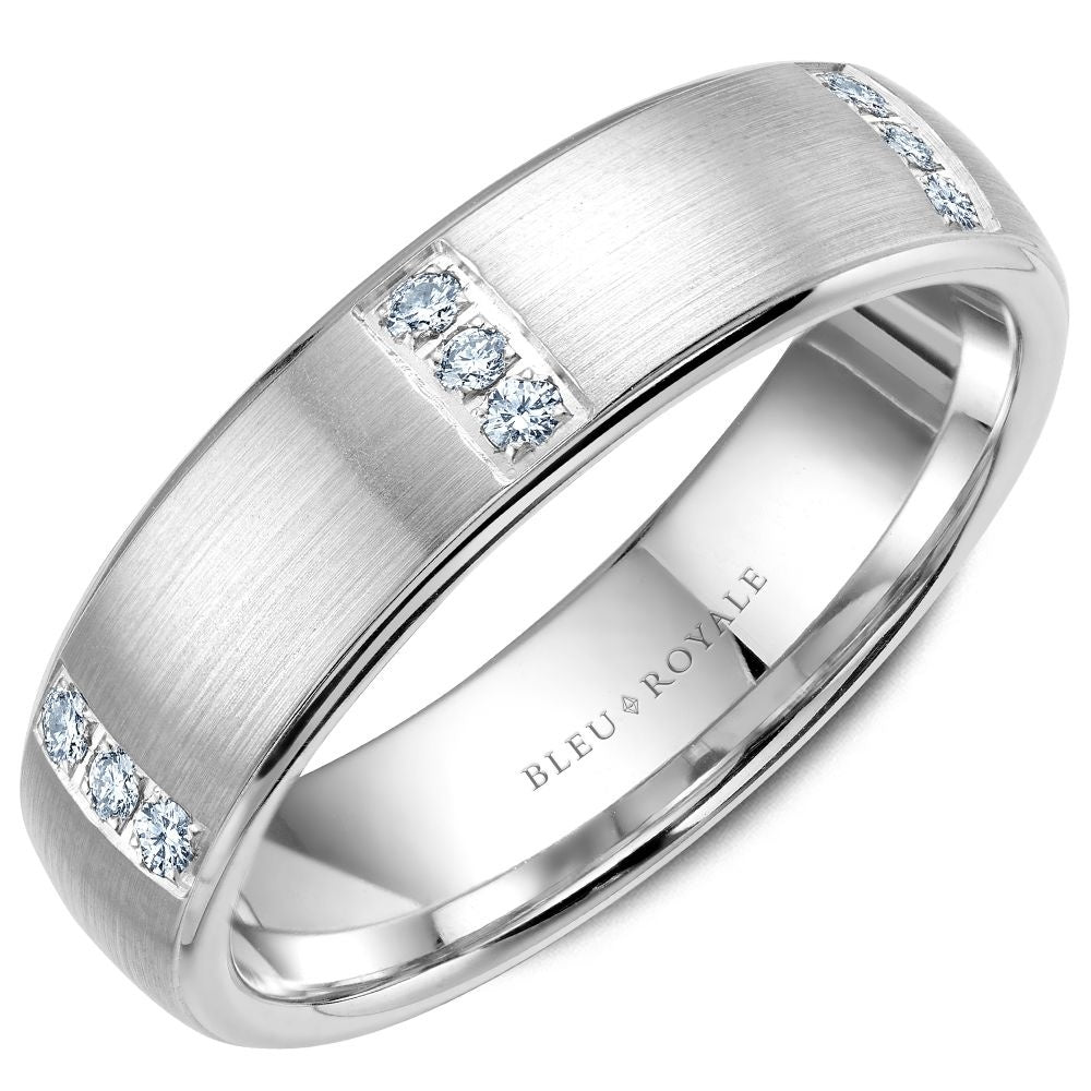 Bleu Royale Men's Wedding Band - 14K White Gold with Brushed Sandpaper Finish and Channel-Set Round Diamonds - 0.16 Carat Total Diamond Weight - 6mm Width from the Diamond Collection