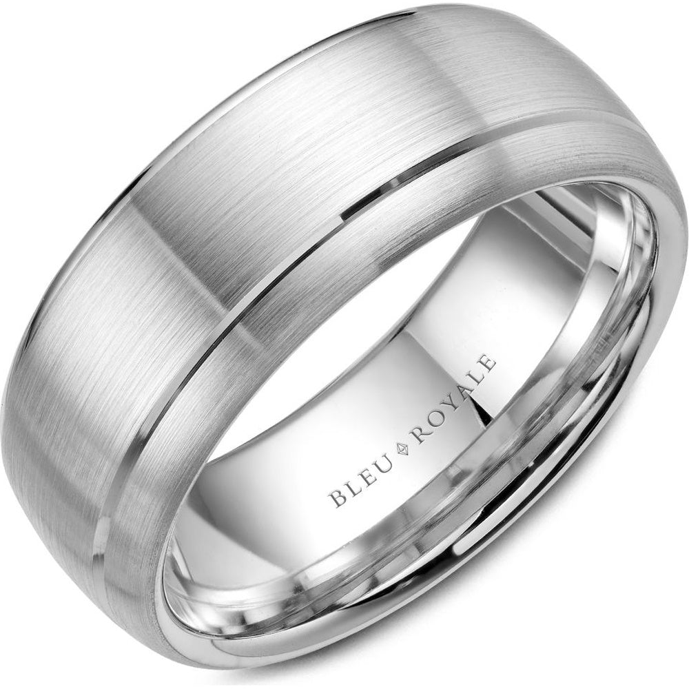 Bleu Royale Men's Wedding Band - 14K White Gold with Brushed Sandpaper Finish and Off-Center High Polish Groove - 8.5mm Width from the Legacy Collection
