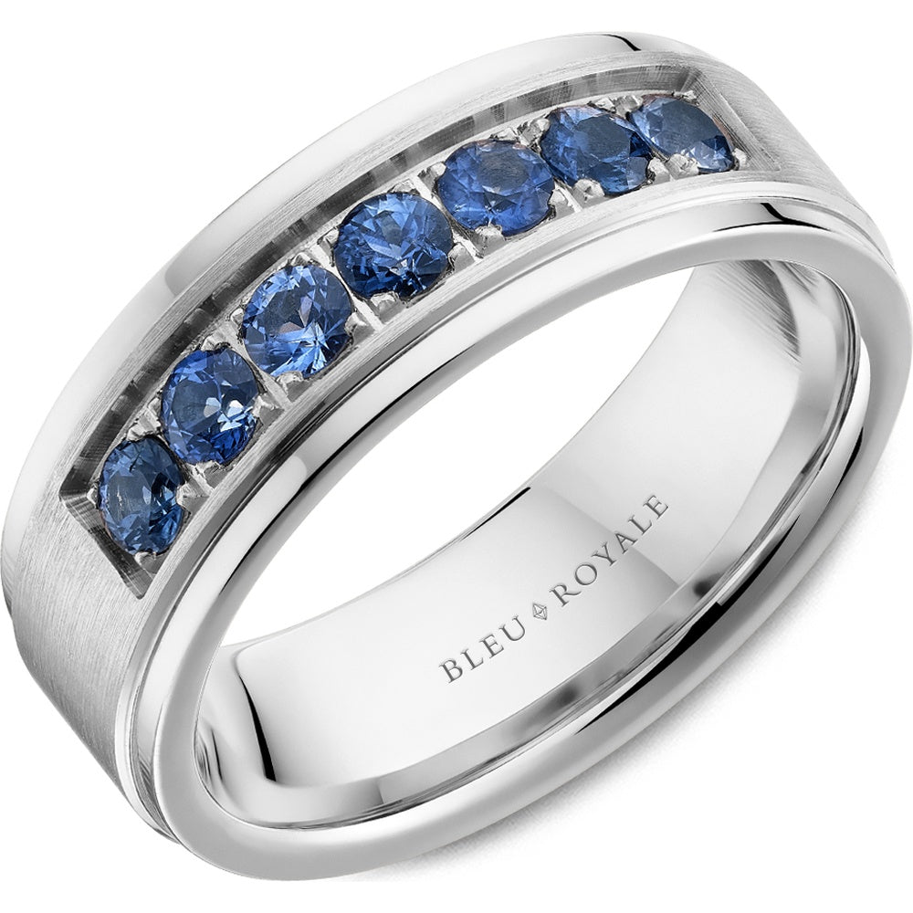 Bleu Royale Men's Wedding Band - 14K White Gold with Channel-Set Round Blue Sapphires- 0.7 Carat Total Sapphire Weight - 7.5mm Width from the Diamond Collection