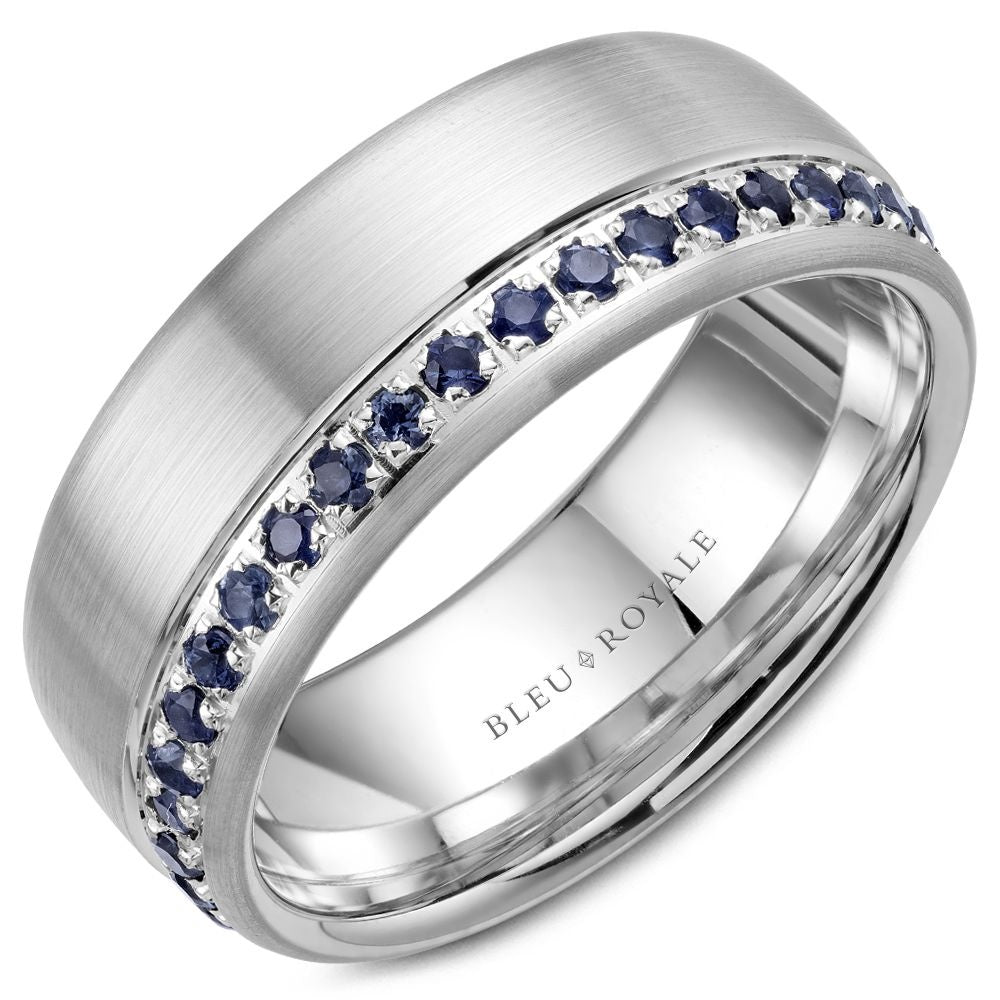 Bleu Royale Men's Wedding Band - 14K White Gold with Channel Set Round Blue Sapphires- 0.95 Carat Total Sapphire Weight - 8.5mm Width from the Diamond Collection