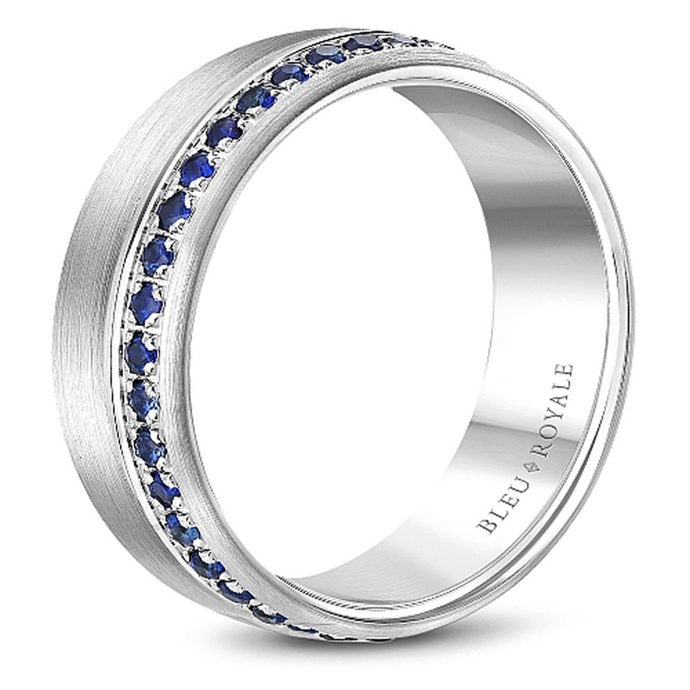 Bleu Royale Men's Wedding Band - 14K White Gold with Channel Set Round Blue Sapphires- 0.95 Carat Total Sapphire Weight - 8.5mm Width from the Diamond Collection