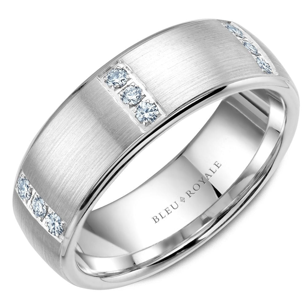 Bleu Royale Men's Wedding Band - 14K White Gold with Channel Set Round Diamonds and Brushed Finish- 0.38 Carat Total Diamond Weight - 7.5mm Width from the Diamond Collection
