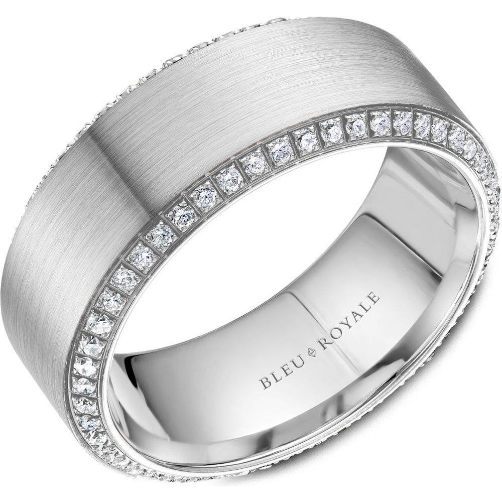 Bleu Royale Men's Wedding Band - 14K White Gold with Channel-Set Round Diamonds and Brushed Finish- 0.66 Carat Total Diamond Weight - 9mm Width from the Diamond Collection
