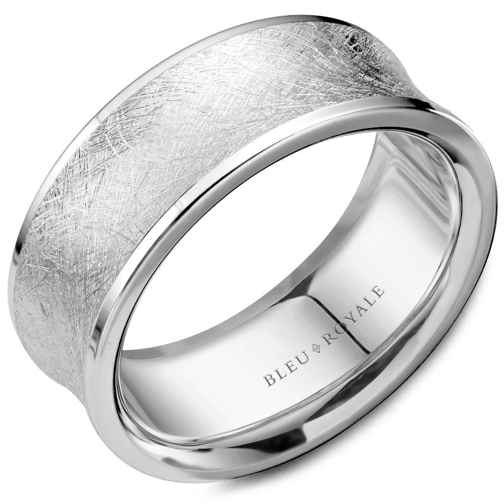 Bleu Royale Men's Wedding Band - 14K White Gold with Cross-Hatched Frosted Finish and Polished Edges - 8mm Width from the Legacy Collection