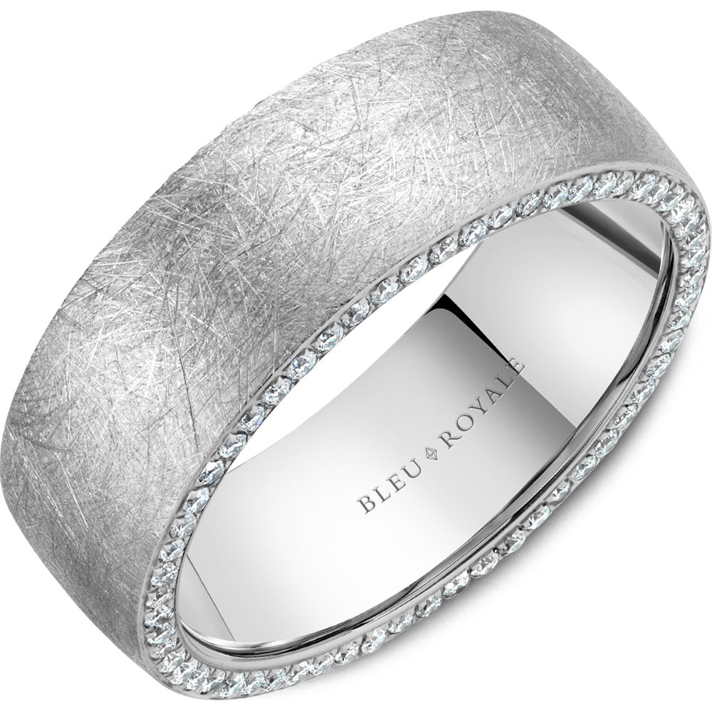 Bleu Royale Men's Wedding Band - 14K White Gold with Diamond Brush Top and Round Diamond Edges- 0.66 Carat Total Diamond Weight - 8mm Width from the Diamond Collection